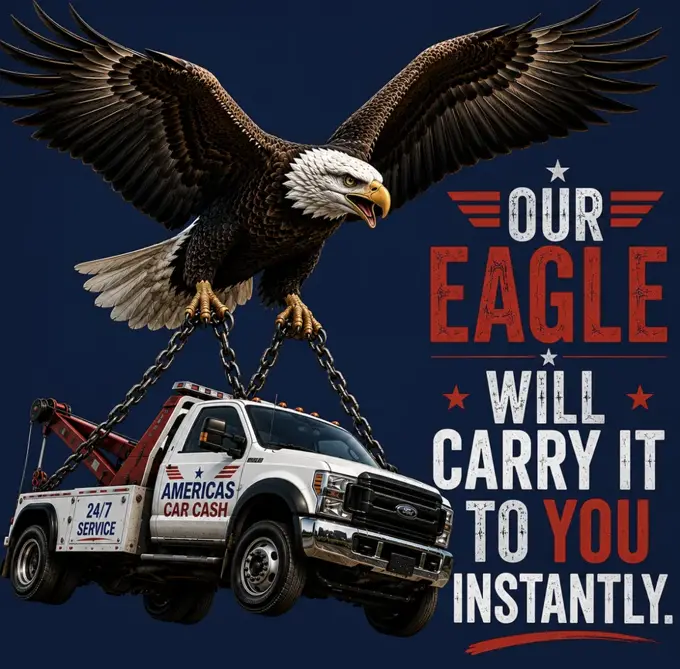 American bald eagle carrying an Americas Car Cash tow truck